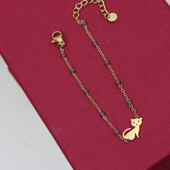 Cute Cat Design Yellow Gold Bracelet with Blue Bead Detailing, XPBL0614 - Picture 11 of 12